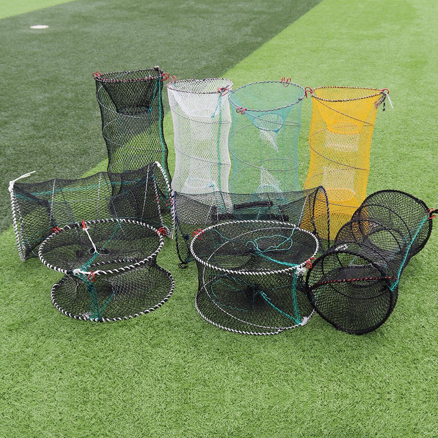 Hot sale HDPE Galvanized frame spring trap fish round Yellow thicken mesh Folding spring Fish Trap Cage Pots America Fishing net