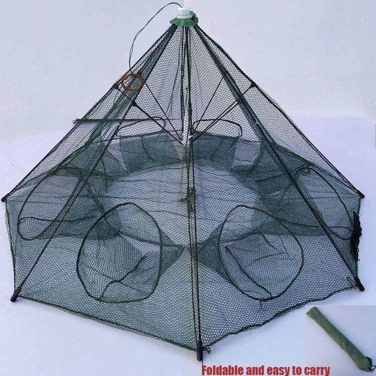 UT661 Durable Nylon Shrimp Crab Trap Cast Steel Wire Frame Umbrella Folded Portable Hexagon 6 Holes Big Entrance Fishing Traps