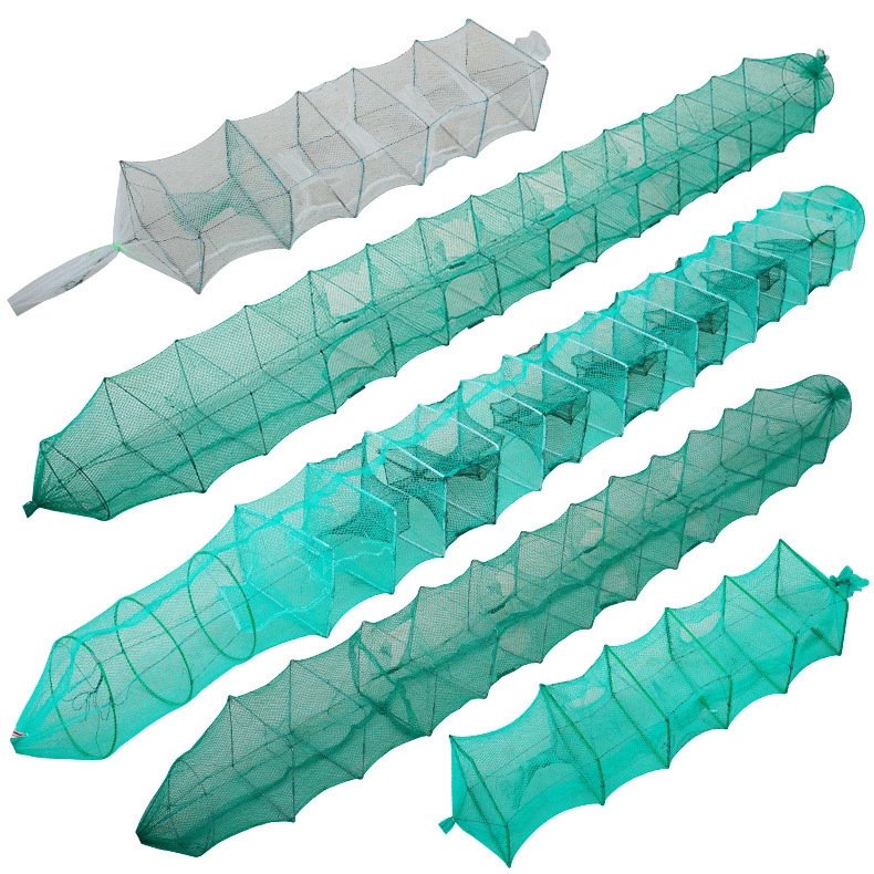 China high quality 17m long train foldable fish shrimp lobster crab fishing net traps with stainless iron frame 40cmx55cmx19