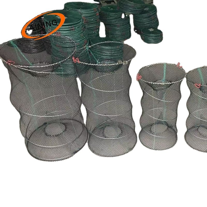 70x140cm Big Size Green Mesh Coil Spring Folding Crab Fishing Pot Loaded Black Cod Fish Traps for Alaska with bait jars