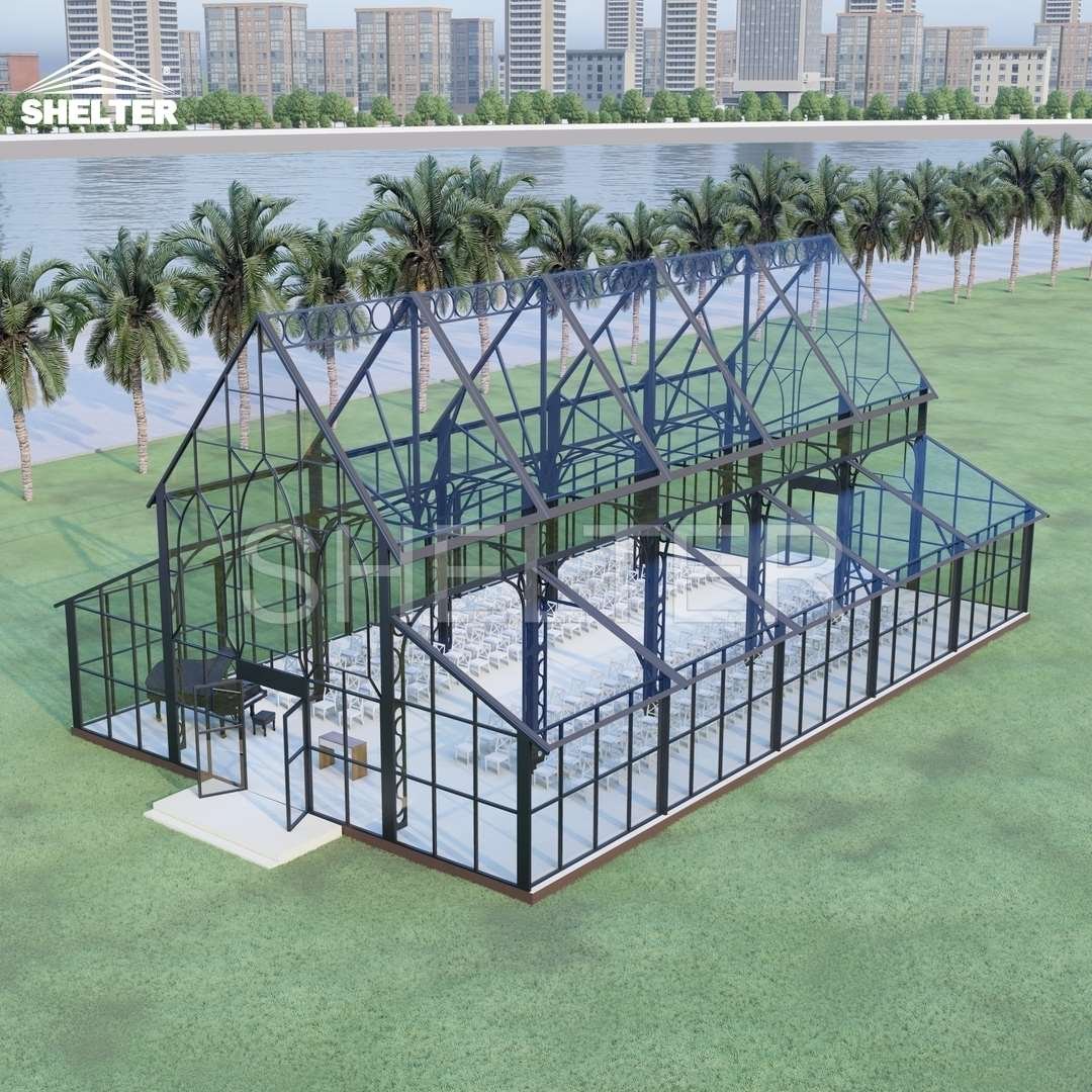 Commercial Atrium Tent Glass Sides Clear PVC Roof Black Coated Steel Frame Orangery Greenhouse Wedding Marquee Tent