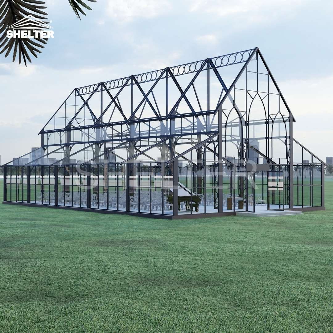 Commercial Atrium Tent Glass Sides Clear PVC Roof Black Coated Steel Frame Orangery Greenhouse Wedding Marquee Tent
