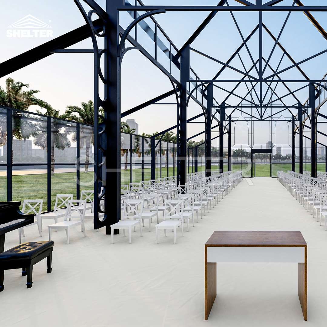Commercial Atrium Tent Glass Sides Clear PVC Roof Black Coated Steel Frame Orangery Greenhouse Wedding Marquee Tent