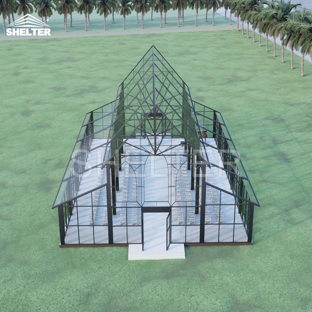 Commercial Atrium Tent Glass Sides Clear PVC Roof Black Coated Steel Frame Orangery Greenhouse Wedding Marquee Tent