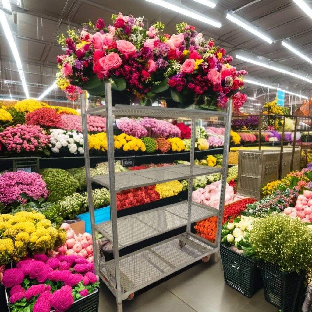 Greenhouse flower plant display storage shipping metal steel expanded mesh wire shelf cart