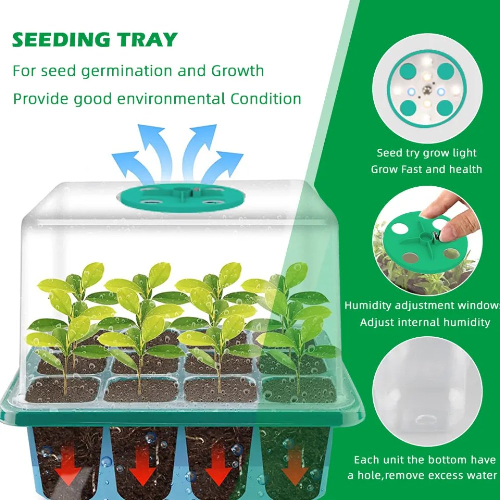 8 LEDs Germination Starter Seedling Tray Black Seedling Box Hydroponic Agriculture Seedling Tray Plant Nursery Seed Trays