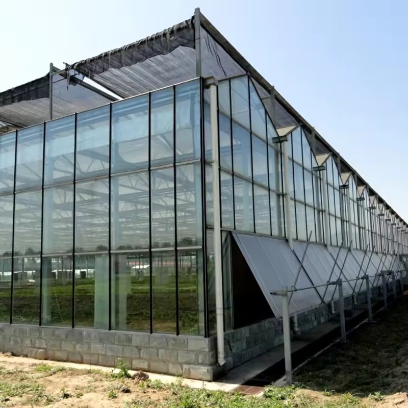 Smart Glass Greenhouse Commercial Hydroponic High Wind Roll Up Motor For Ventilation Fully Automated Greenhouse Structure