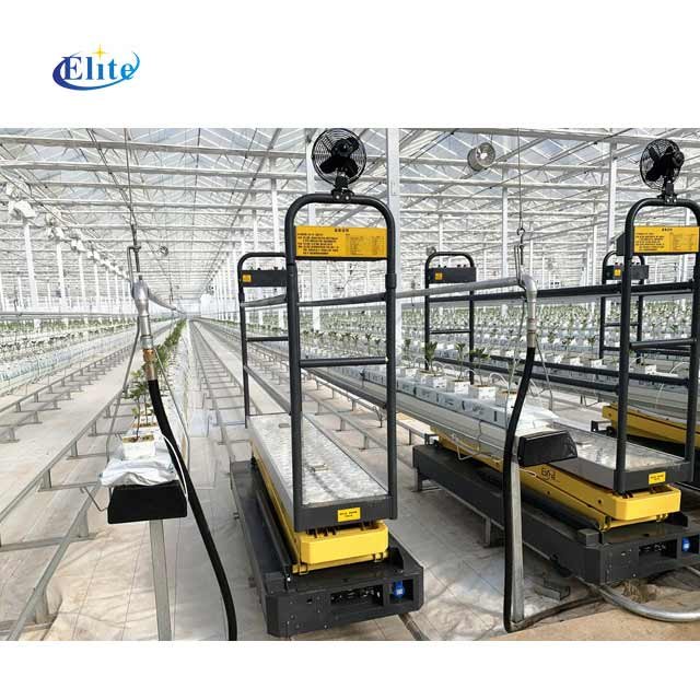 Agriculture tomato cucumber greenhouse automatic harvest equipment pipe rail trolley scissor lift platform leaf picking cart