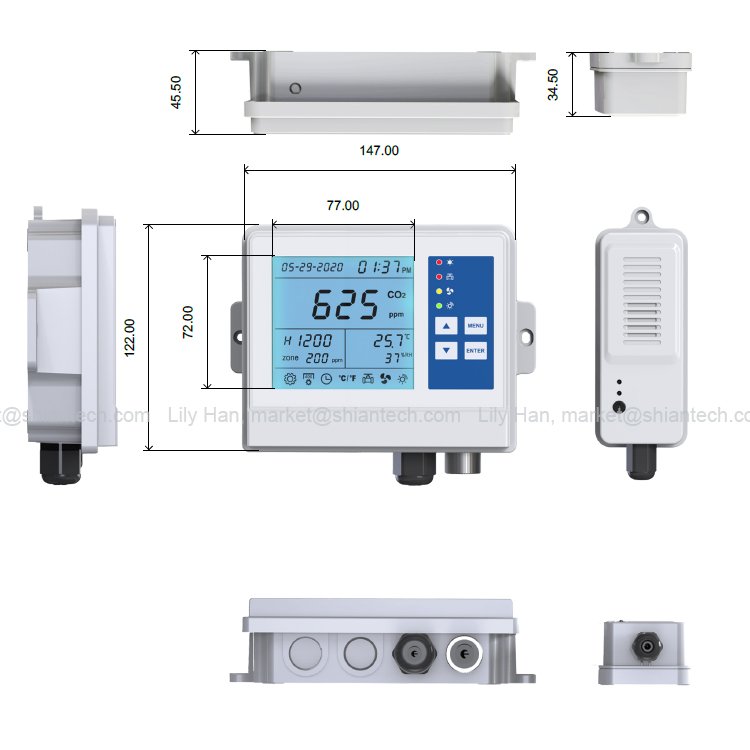 Greenhouse CO2 controller , Wall mounted air quality carbon dioxide monitor and controller with remote sensor