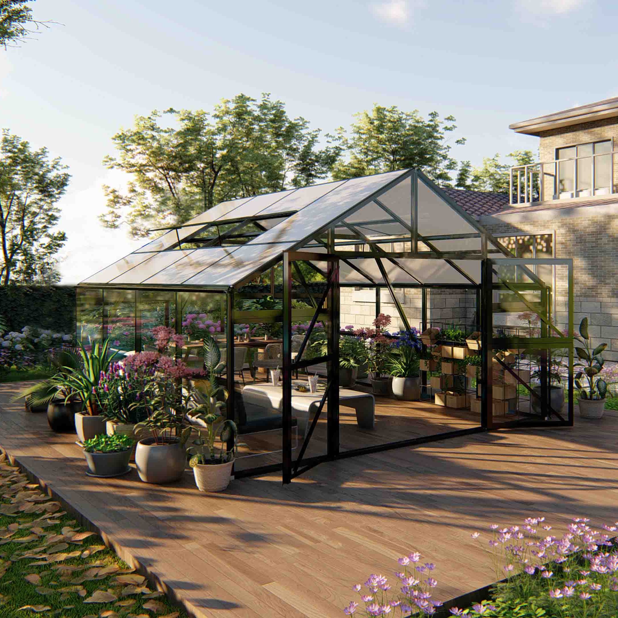 China Factory Wholesale Single-Span Polycarbonate Garden Greenhouse Prefab Aluminum Glass House Garden Customized Sunroom Kit