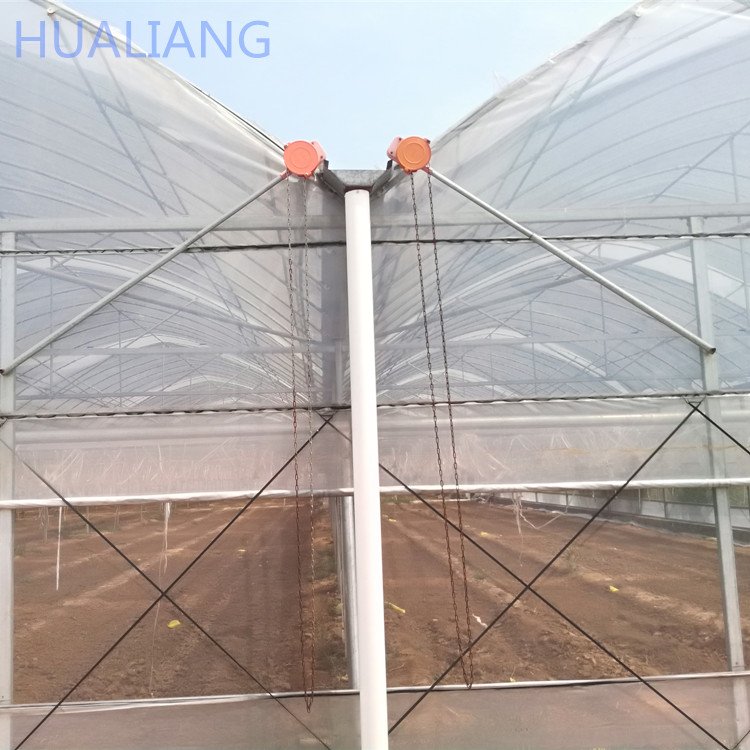 High tunnel multi span greenhouse with roll up motor for ventilation