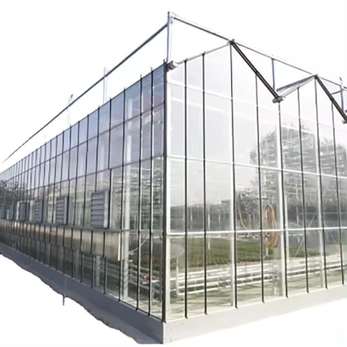 Polycarbonate covering commercial agricultural multi-span glass greenhouse with hydroponic system