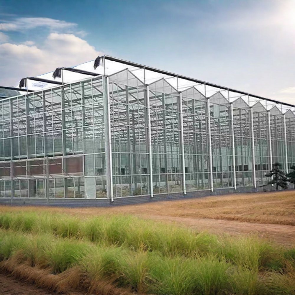 Large Glass Greenhouses for Tomato Plant Growth Hydroponic Agricultural Greenhouses Green Color