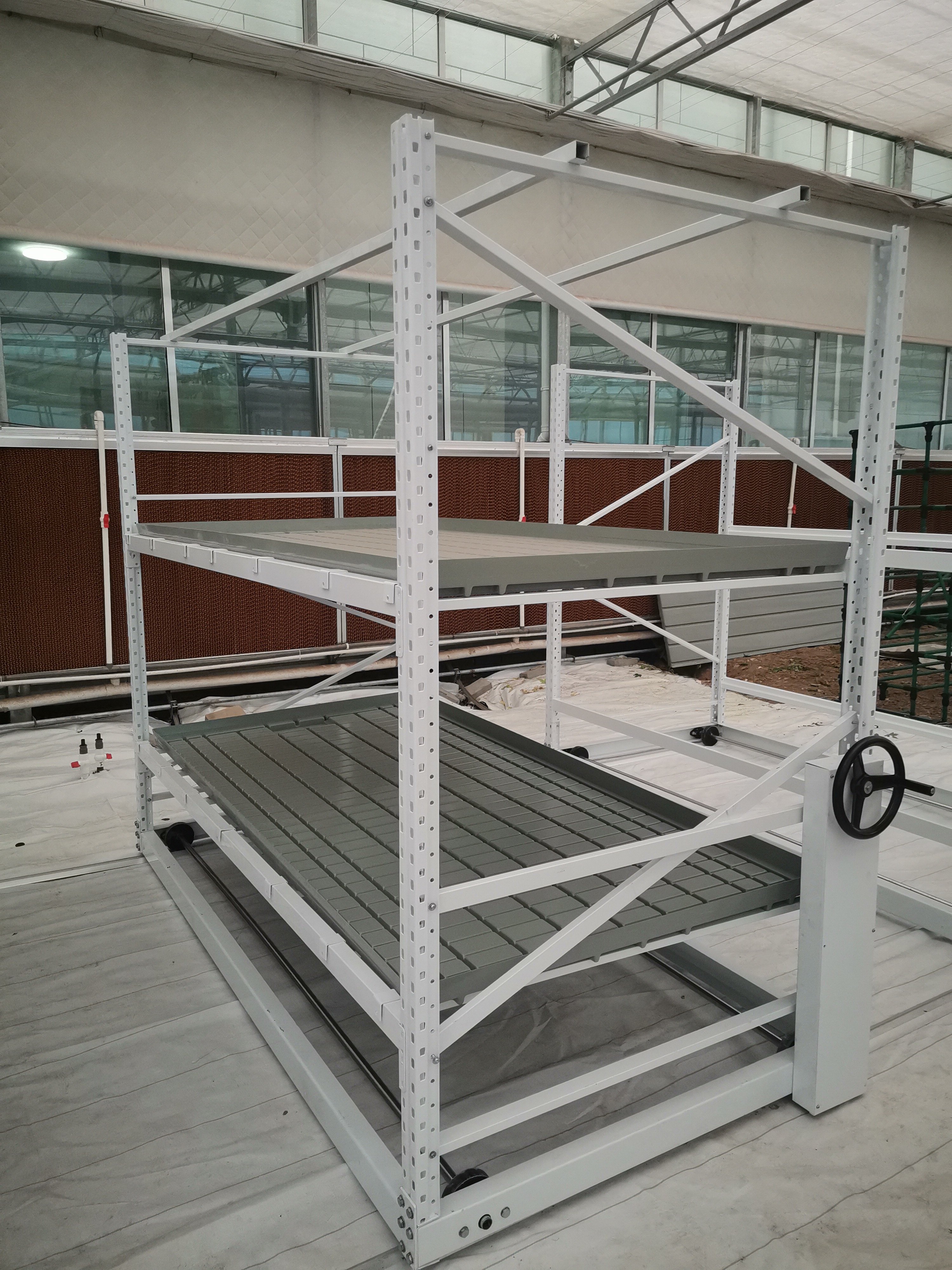 Agricultural hydroponic greenhouse indoor planting heavy duty 4x8 2 tiers mobile rack system ebb and flow rolling bench on track