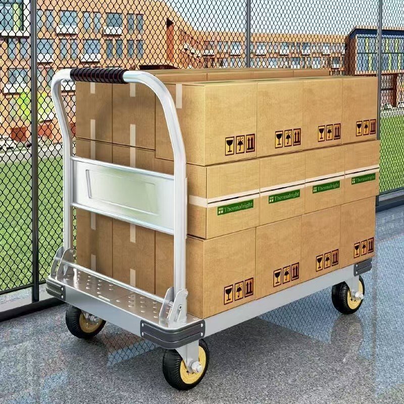 Four-Wheel Metal Wheelbarrow With Thickened Steel Plate Trailer Flatbed Hauler Steering Wheel OEM Customizable Rubber Wheels