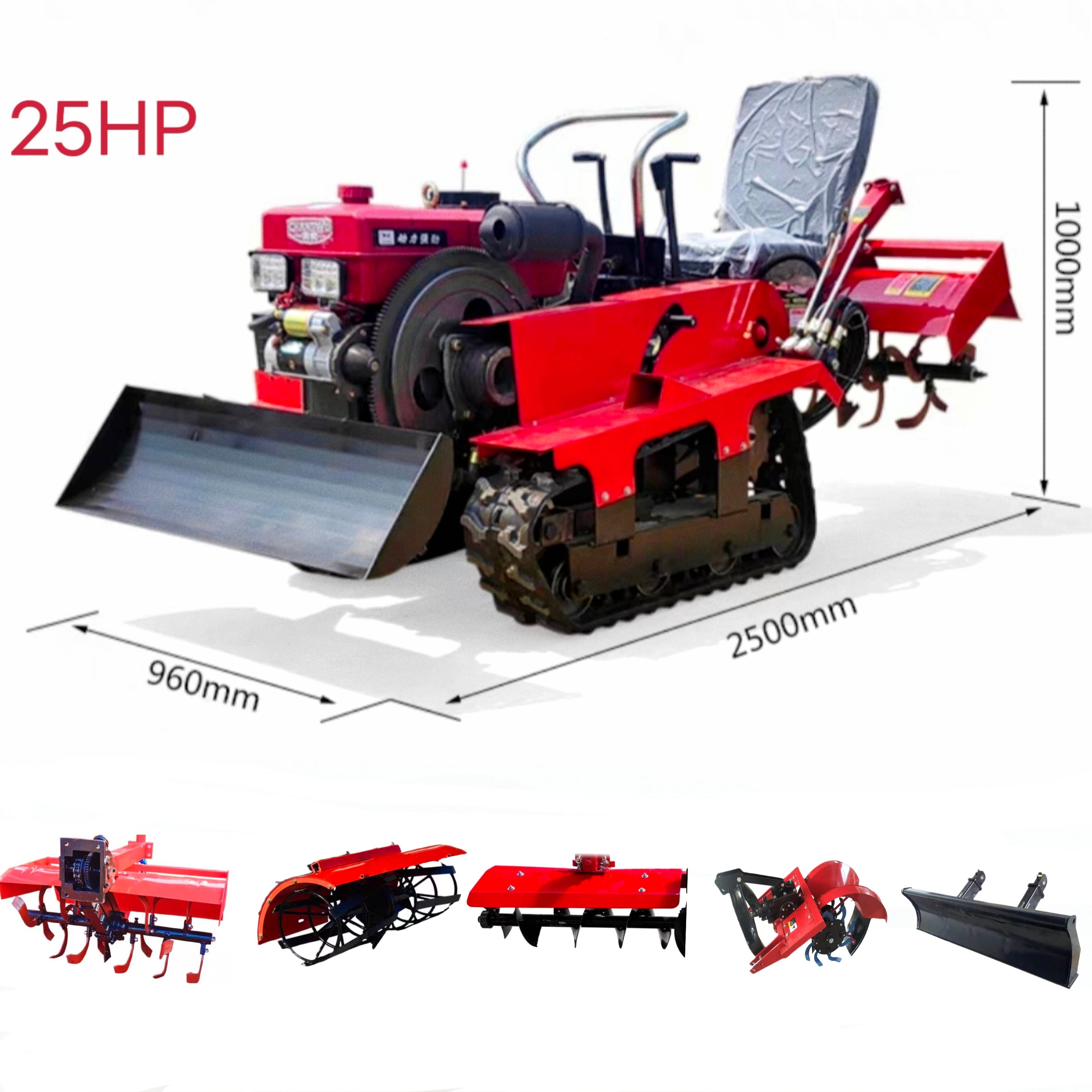 CE Factory Sales 25HP 35HP Rotary Tiller for Farm Garden Crawler Tractor with Free Accessories Weeder Ditcher, Bulldozer