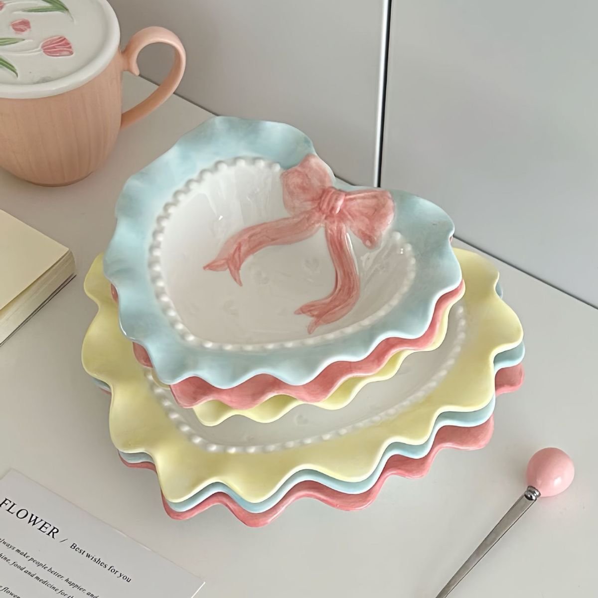 Lelyi INS Cute Wave Edge Bow Knot Ceramic Plate Bowl Creative Heart Ceramic Tableware