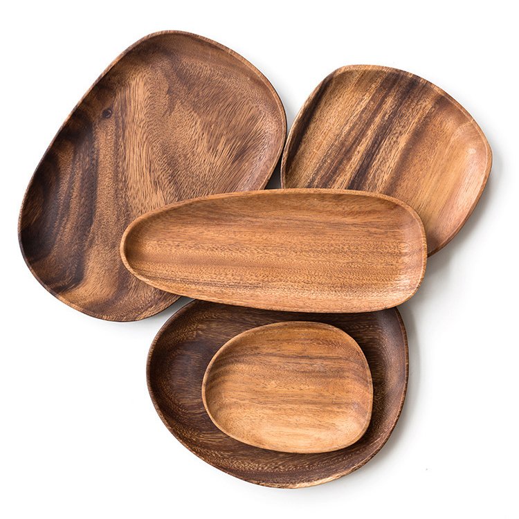 Wholesalecustom logo Kitchen Round Oval square Octagon Rubber Wood Teak Walnut mango Bamboo Acacia Wood Plates Set for Food