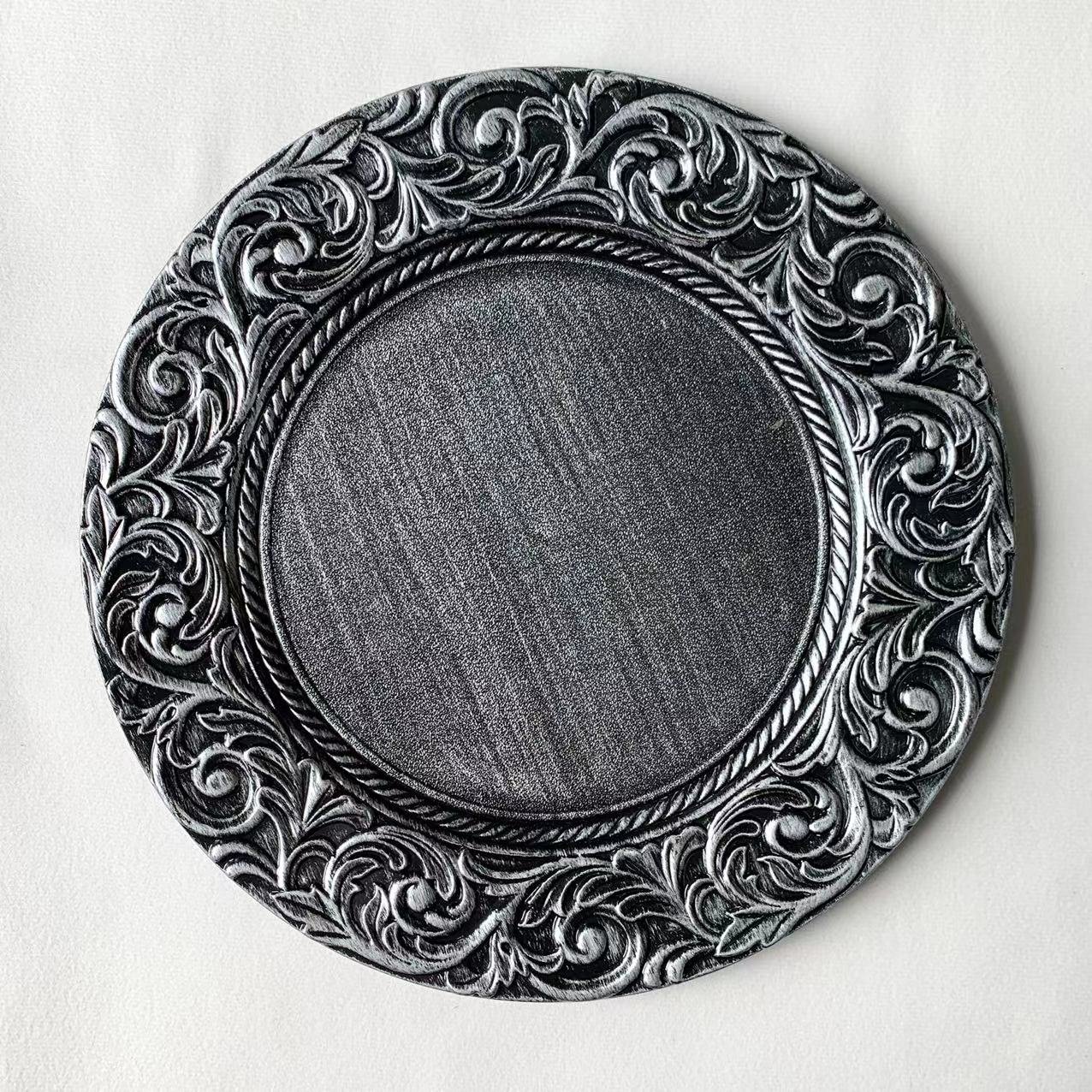 Elegant 13 Inch Gold Silver Rose Gold Round Plastic Baroque Reusable Charger Plates for Event Party Wedding Decor