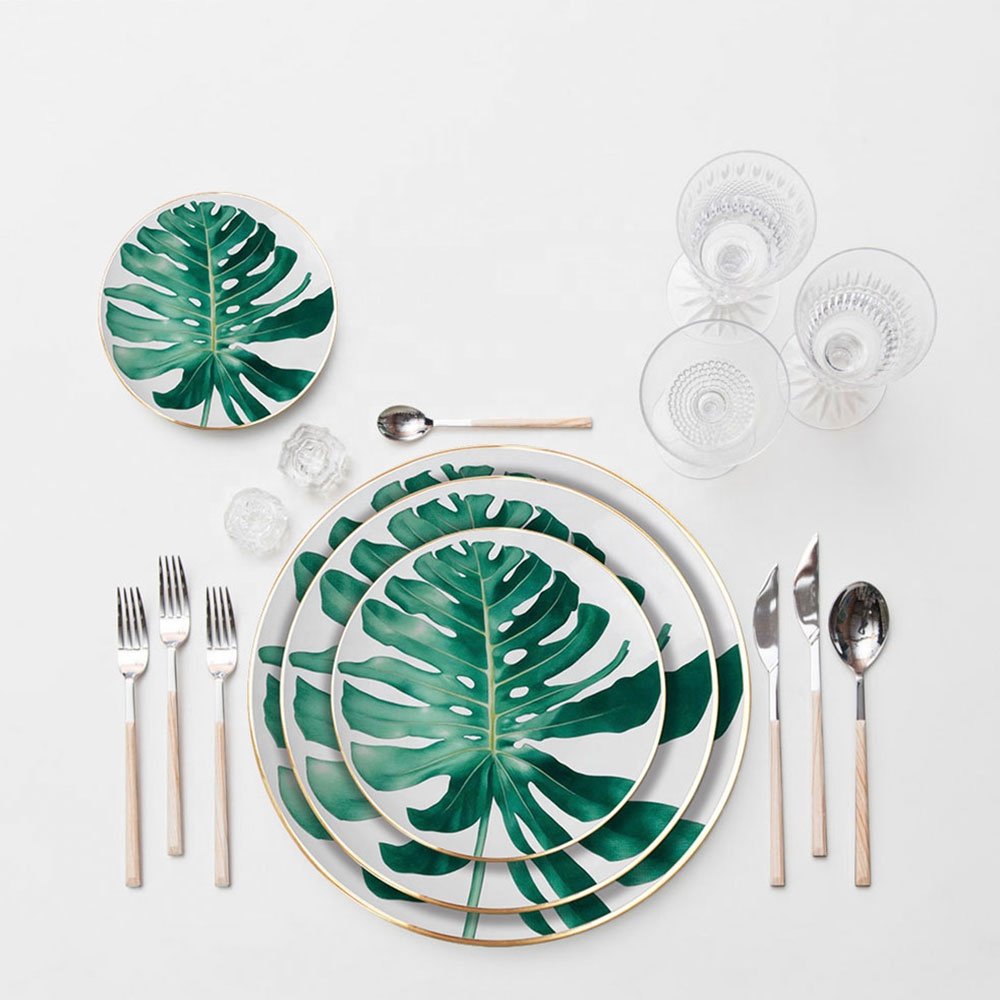 Western Design Ceramic Gold Rim Leaf Charger Plates for Wedding Wholesale
