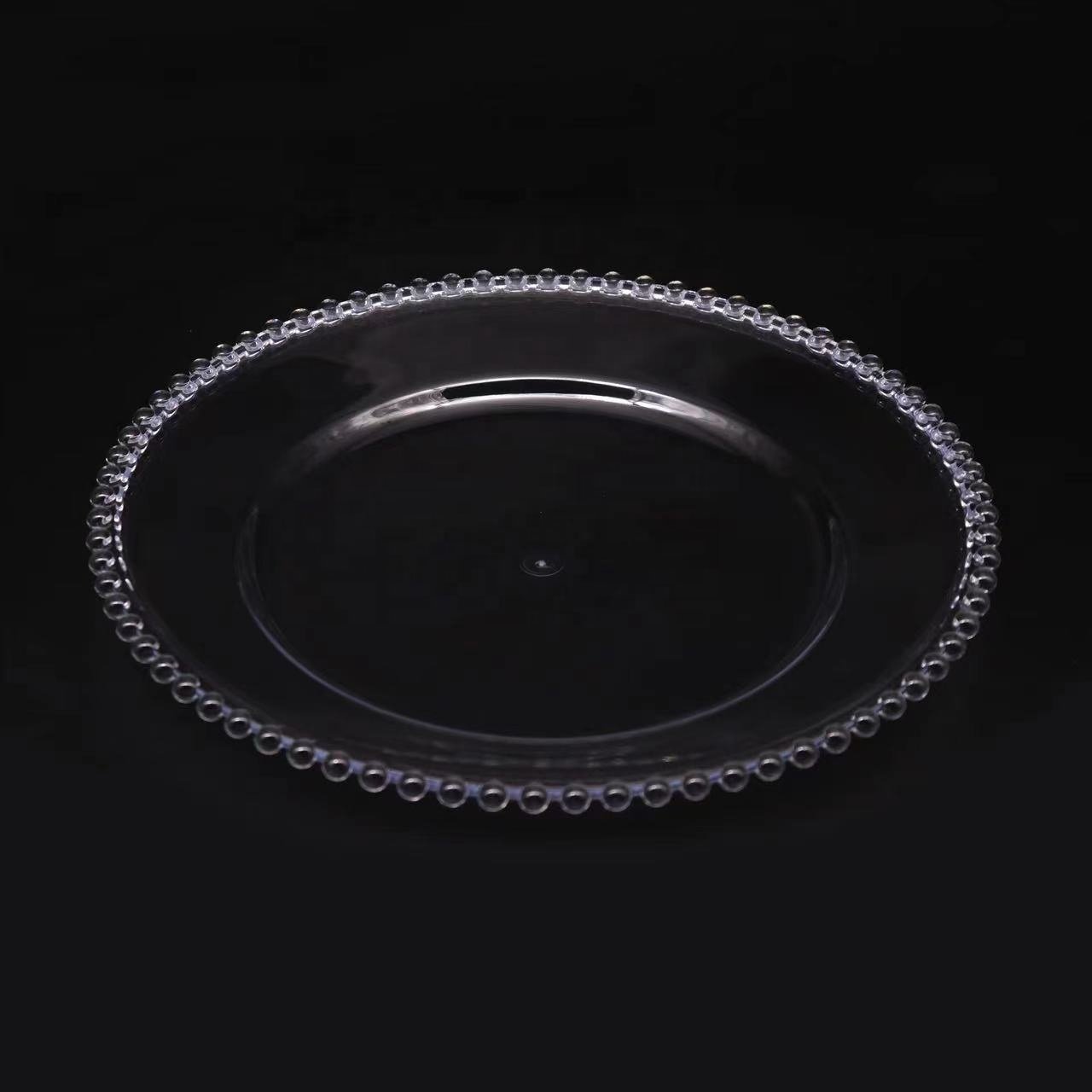 Wholesale Reusable 13Inch Clear Acrylic Charger Plates with Gold Beaded Rim for Wedding Birthday Dinner Tableware Plates