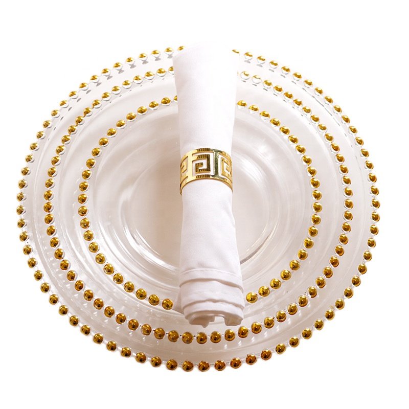 Wholesale 13 Inches clear Wedding Gold Glass Plates Silver Beaded Charger Plates Dinnerware Set for Wedding Decoration