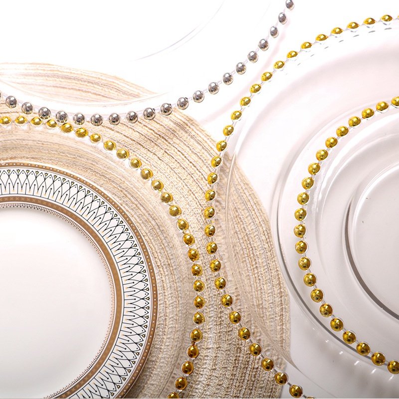 Wholesale 13 Inches clear Wedding Gold Glass Plates Silver Beaded Charger Plates Dinnerware Set for Wedding Decoration