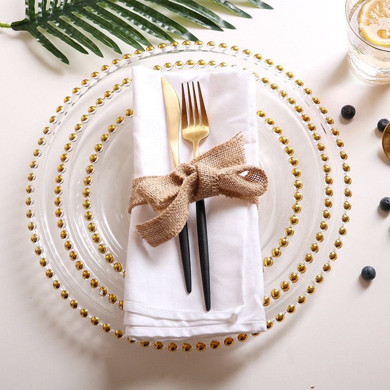 Wholesale 13 Inches clear Wedding Gold Glass Plates Silver Beaded Charger Plates Dinnerware Set for Wedding Decoration