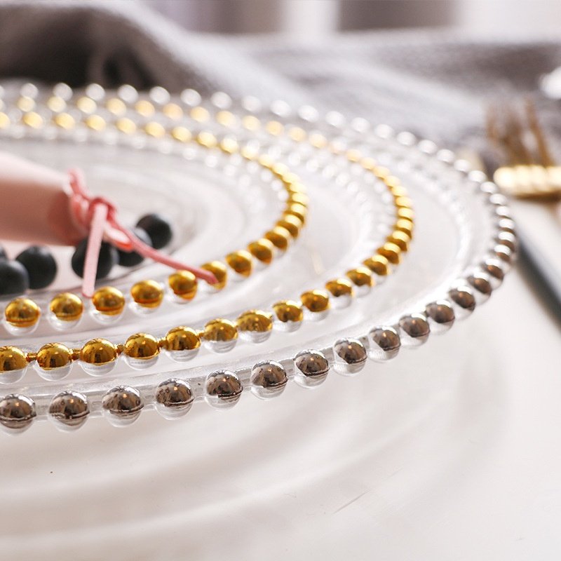 Wholesale 13 Inches clear Wedding Gold Glass Plates Silver Beaded Charger Plates Dinnerware Set for Wedding Decoration