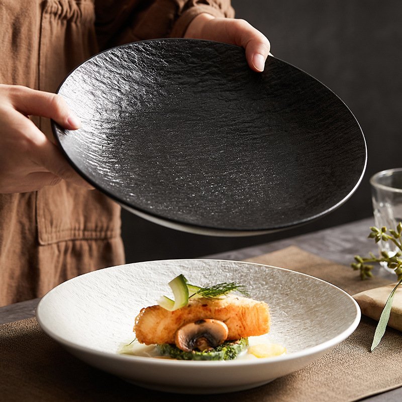 Restaurant Retro White Black Stoneware Simple Large Round Dish Plate Matte Glazed Ceramic Western Turkish Steak Plate