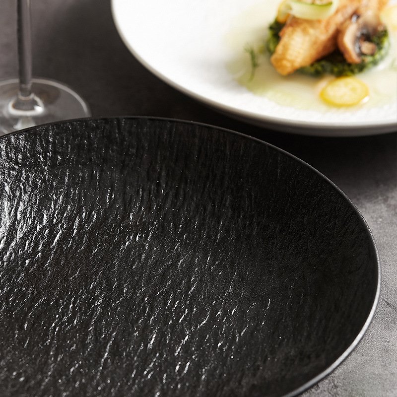 Restaurant Retro White Black Stoneware Simple Large Round Dish Plate Matte Glazed Ceramic Western Turkish Steak Plate