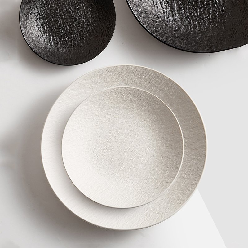 Restaurant Retro White Black Stoneware Simple Large Round Dish Plate Matte Glazed Ceramic Western Turkish Steak Plate