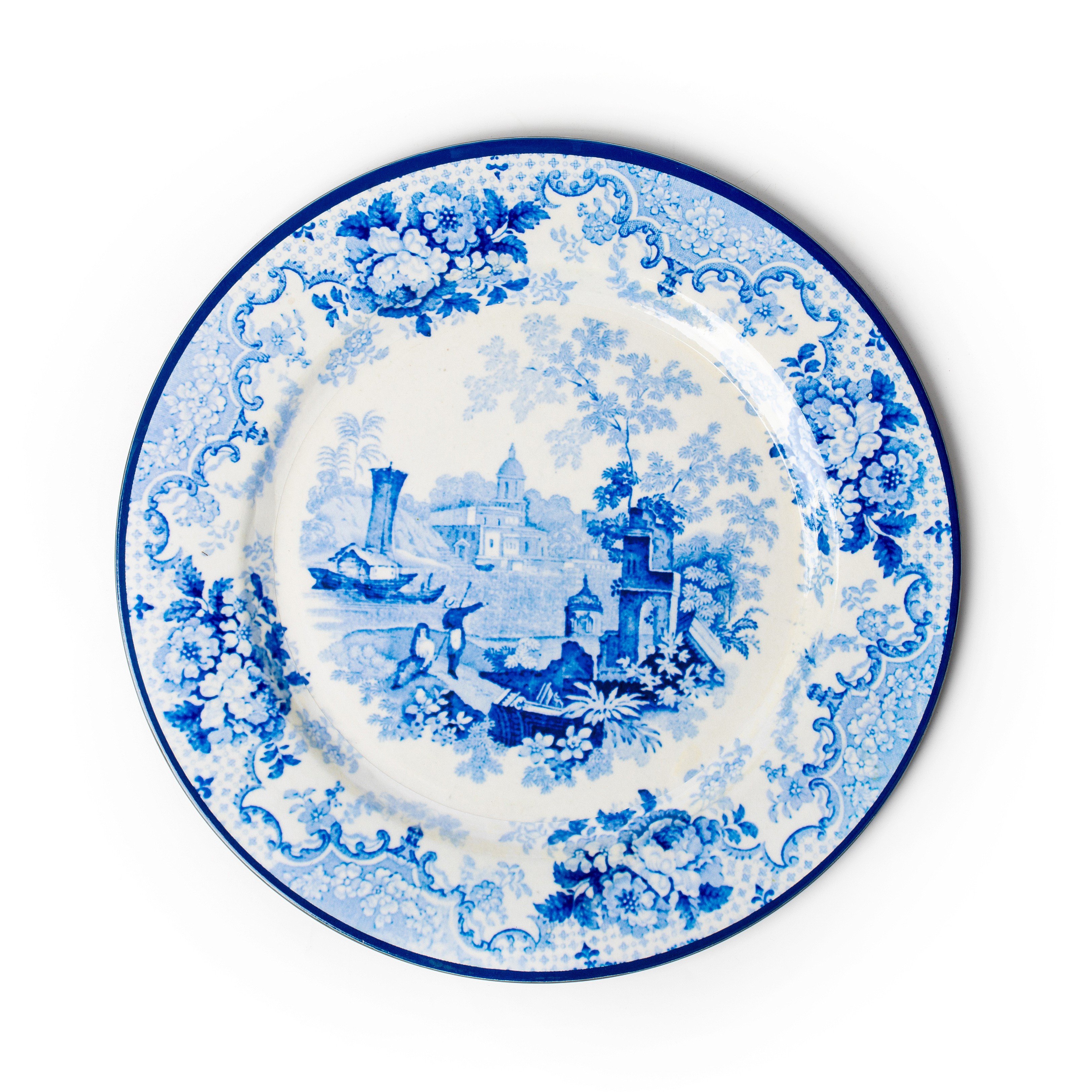 OEM Factory Direct Custom Charge Plastic 13 Inch Blue-and-White Decal Dinner Plate for Wedding Party Supplies