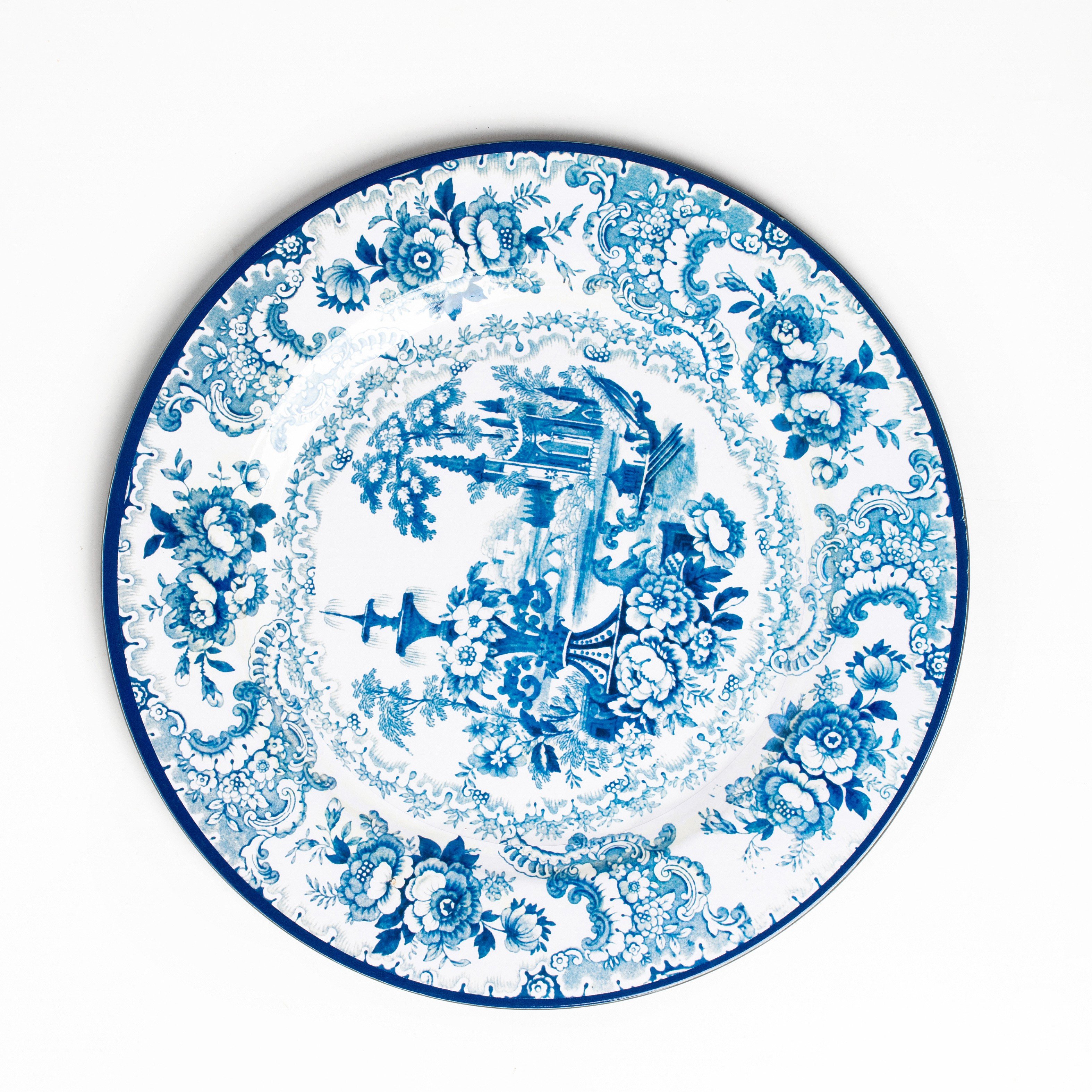 OEM Factory Direct Custom Charge Plastic 13 Inch Blue-and-White Decal Dinner Plate for Wedding Party Supplies
