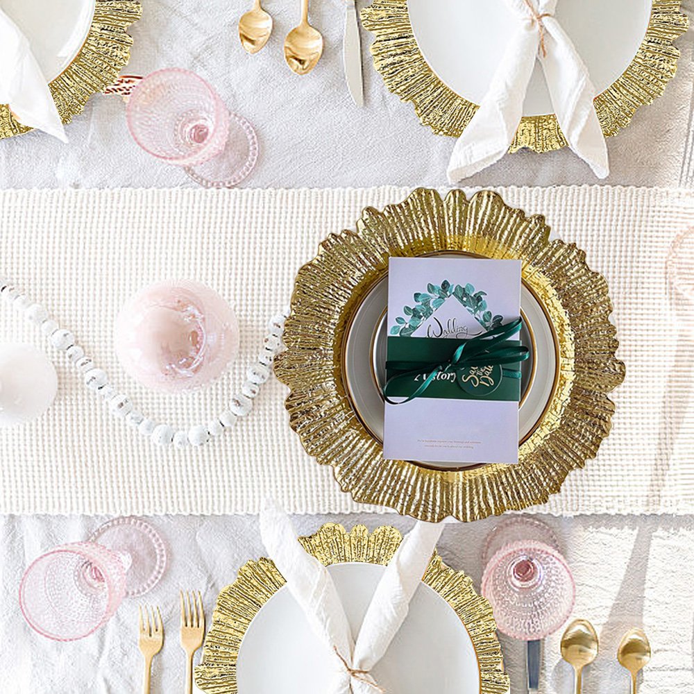13 Inch Decorative Gold Chargers Plastic Gold Beaded Floral Charger Plates Wedding Silver Gold Charger Plates Bulk for Dinner