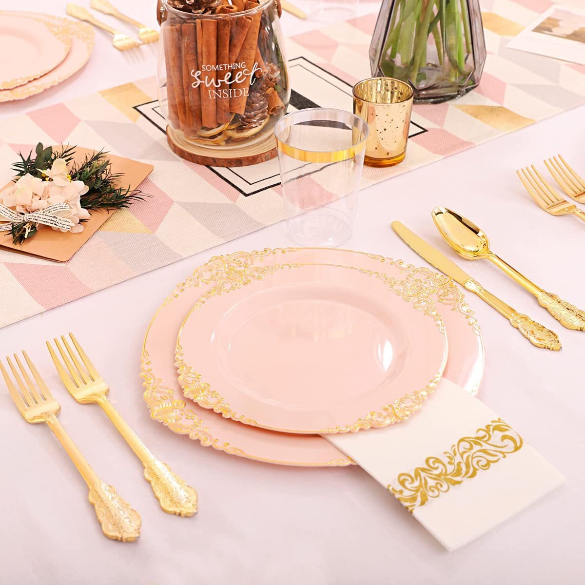 175pieces 350pieces Plastic Gold Dinnerware Set 25 Guest Gold Plastic Dinner Plate Set Wedding Party Decoration