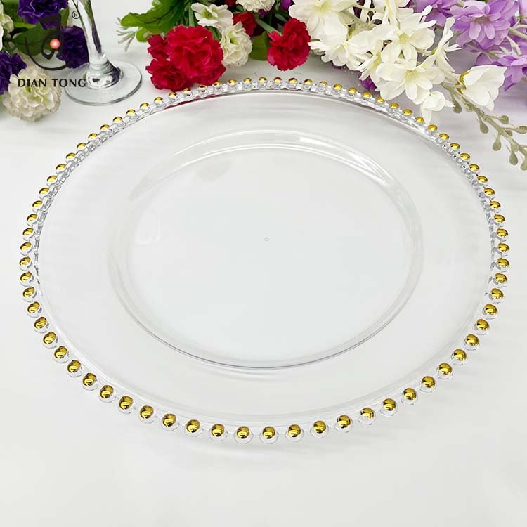 33cm 13 Inch Bulk Decor Parties Restaurant Clear Plastic Pink White Silver Gold Beaded Charger Plates for Wedding Wholesale
