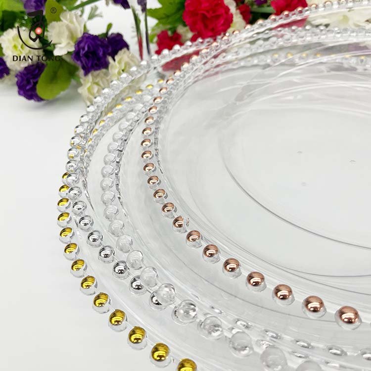 33cm 13 Inch Bulk Decor Parties Restaurant Clear Plastic Pink White Silver Gold Beaded Charger Plates for Wedding Wholesale
