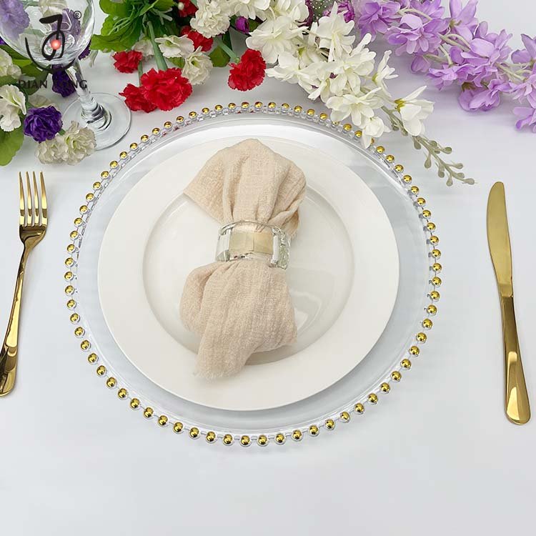 33cm 13 Inch Bulk Decor Parties Restaurant Clear Plastic Pink White Silver Gold Beaded Charger Plates for Wedding Wholesale