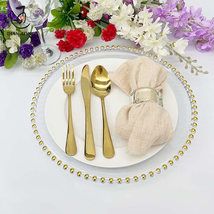 33cm 13 Inch Bulk Decor Parties Restaurant Clear Plastic Pink White Silver Gold Beaded Charger Plates for Wedding Wholesale