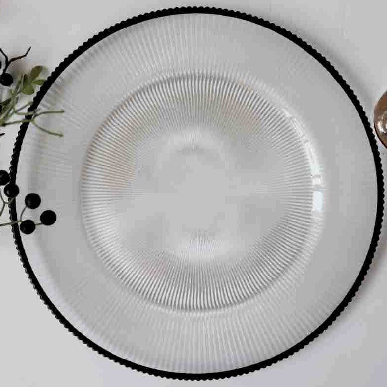 12.6 Inches clear Wedding Black Rim Glass Plates Charger Plates Dinnerware Set for Wedding Decoration