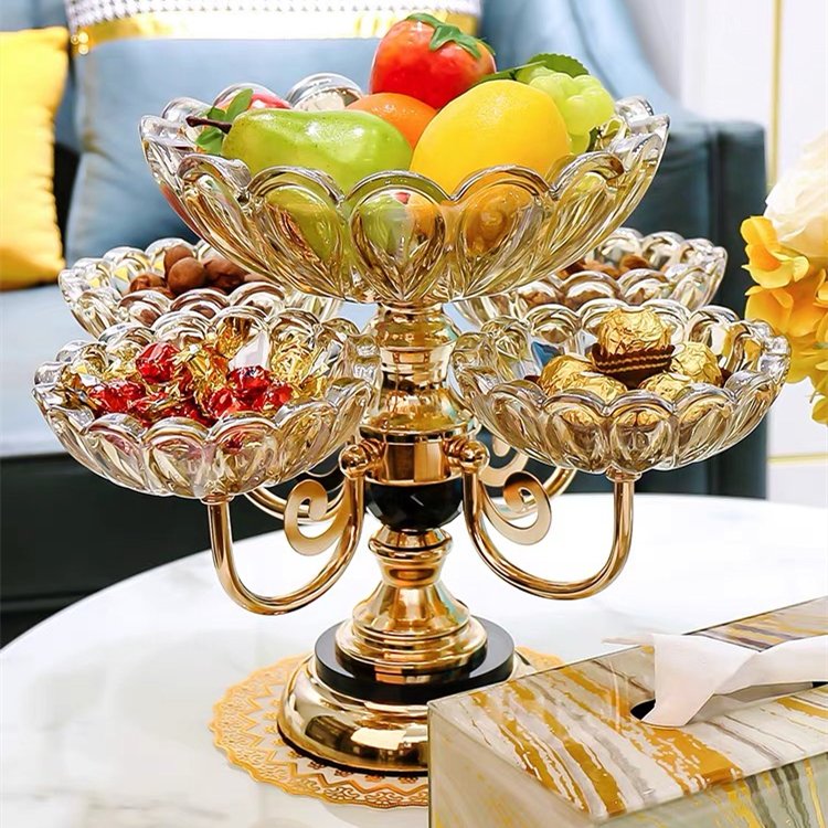 Light Crystal Glass Dried Fruit Tray Style Desktop 2-layer Metal Luxury Home Decor Camping Iron Round Hotel Plate Dish Engraving