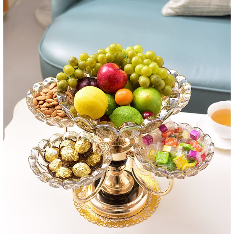 Light Crystal Glass Dried Fruit Tray Style Desktop 2-layer Metal Luxury Home Decor Camping Iron Round Hotel Plate Dish Engraving