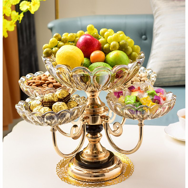 Light Crystal Glass Dried Fruit Tray Style Desktop 2-layer Metal Luxury Home Decor Camping Iron Round Hotel Plate Dish Engraving