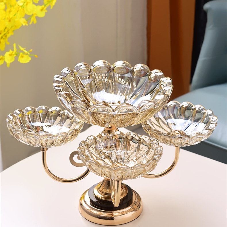 Light Crystal Glass Dried Fruit Tray Style Desktop 2-layer Metal Luxury Home Decor Camping Iron Round Hotel Plate Dish Engraving