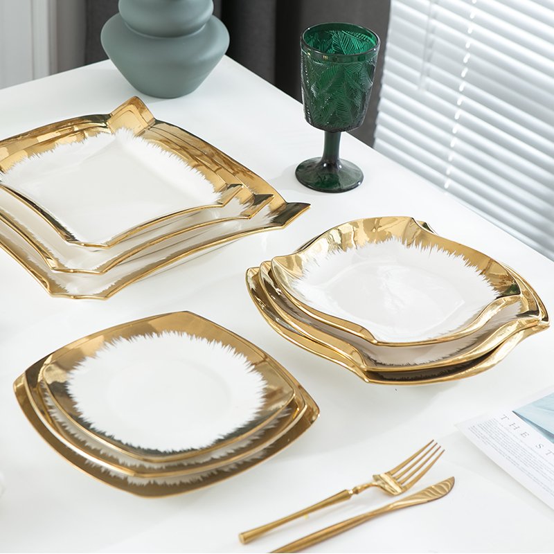 Edge White Ceramic Wedding Restaurant Tableware Plate Square Shape Dishes Plate Gold 2024 New CLASSIC Party Polished