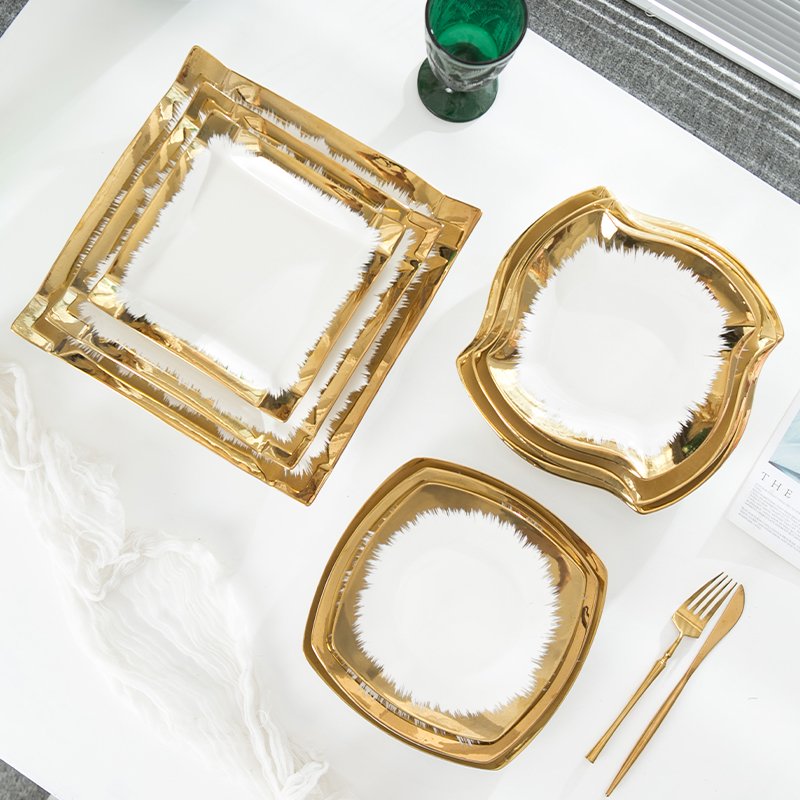 Edge White Ceramic Wedding Restaurant Tableware Plate Square Shape Dishes Plate Gold 2024 New CLASSIC Party Polished