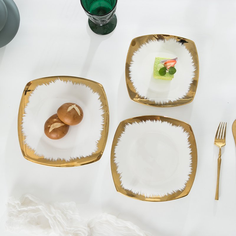 Edge White Ceramic Wedding Restaurant Tableware Plate Square Shape Dishes Plate Gold 2024 New CLASSIC Party Polished