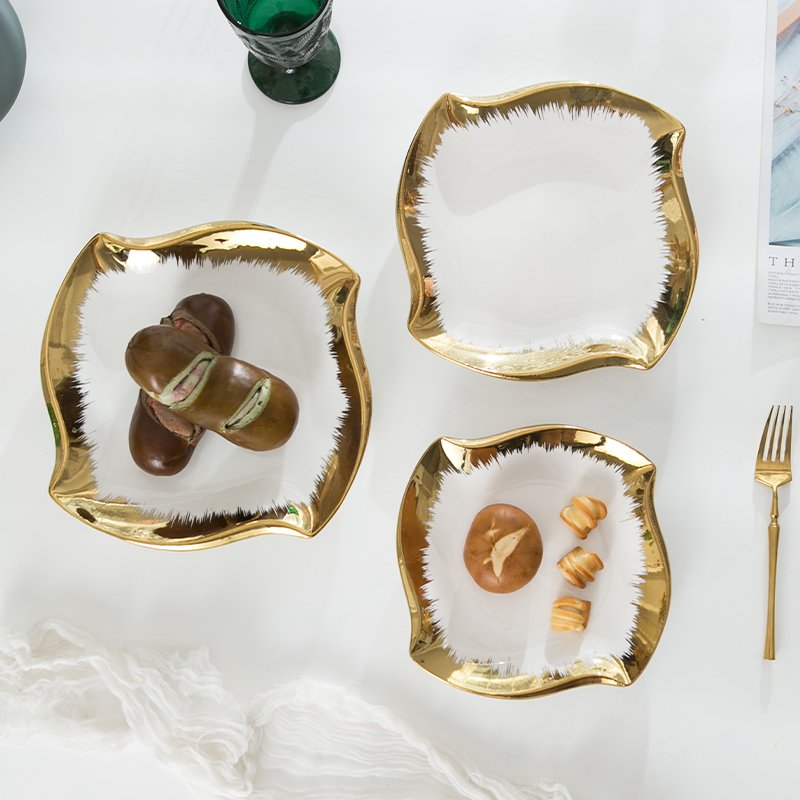 Edge White Ceramic Wedding Restaurant Tableware Plate Square Shape Dishes Plate Gold 2024 New CLASSIC Party Polished