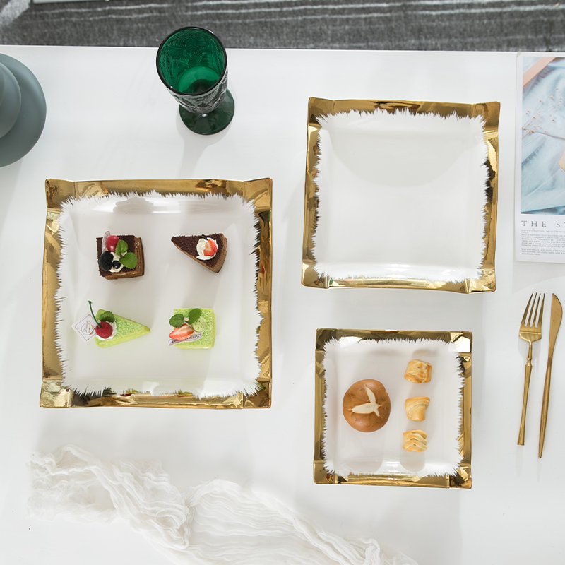 Edge White Ceramic Wedding Restaurant Tableware Plate Square Shape Dishes Plate Gold 2024 New CLASSIC Party Polished